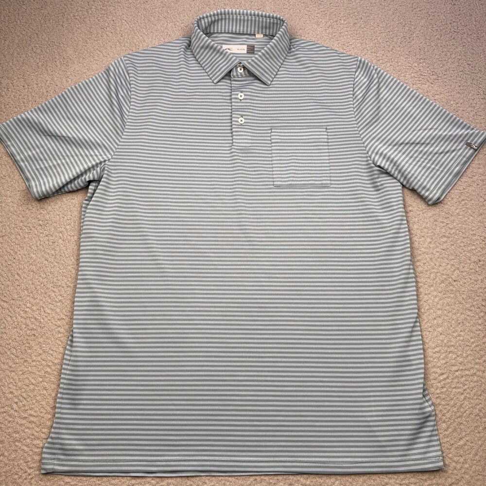 KJUS Polo Shirt Mens Large Blue Green Stripe Comfort Fit UPF 30 Golf Performance